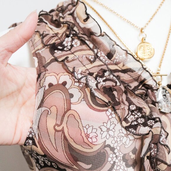 Y2K Sheer Brown Paisley Ruffle Collar Tank Top ☕️ JAPANESE BRAND - Picture 7 of 8